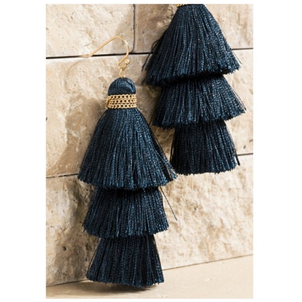 Navy 3 Tier Tassel Earrings